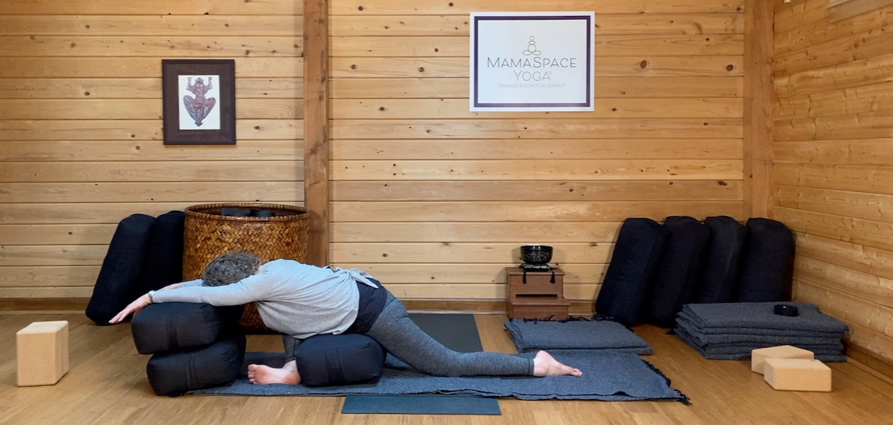 Carol Gray Demonstrates Prenatal Sleeping Half Pigeon at MamaSpace Yoga
