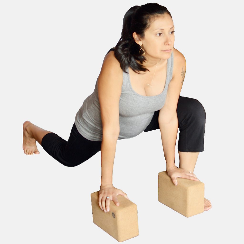 A photo of a pregnant person using blocks in a prenatal yoga class at MamaSpace Yoga