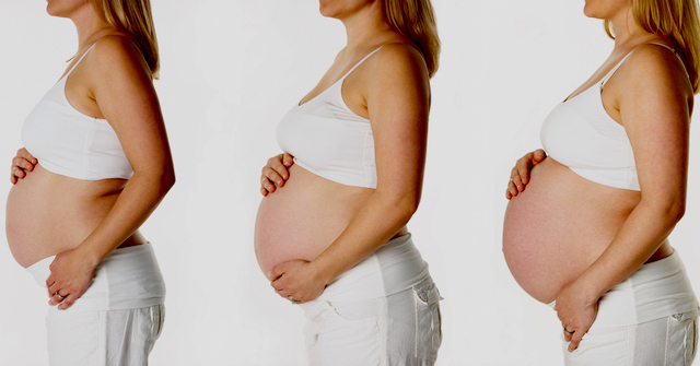 A composite photo image of the same woman at three different stages of pregnancy. In the last stage her baby appears to have dropped or engaged.